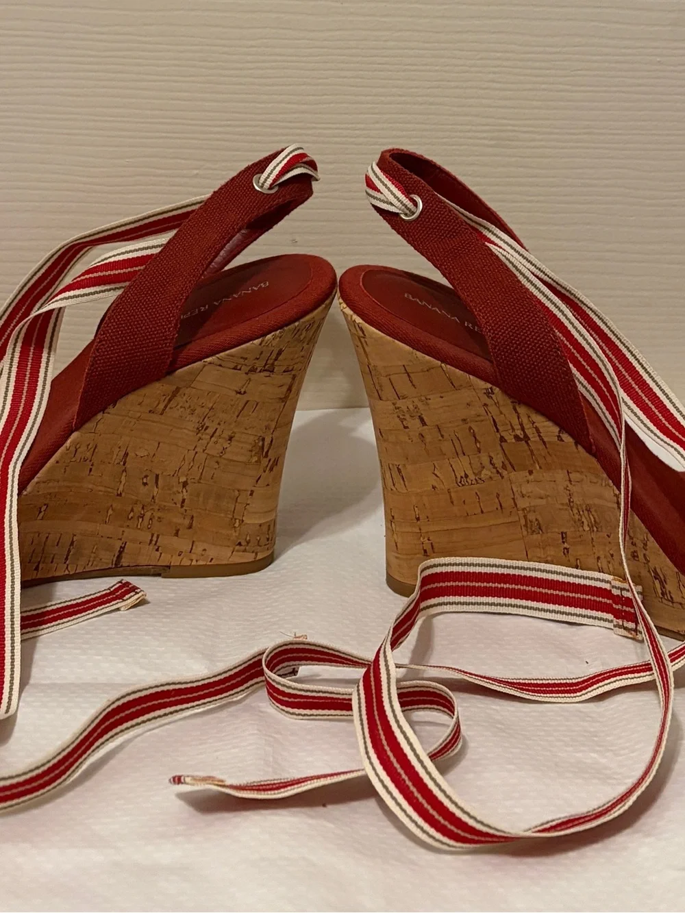 Banana Republic Red Cork Wedge Sandals with Striped Ankle Ties